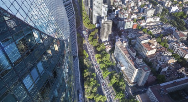 Aerial view of Mexico City Financial Center buildings near Paseo Reforma and Angel of Independence column