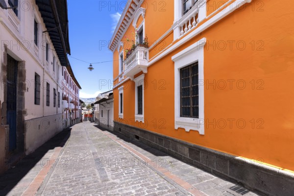 Old Town in Quito, Ecuador. Colonial colorful scenic historic city center streets