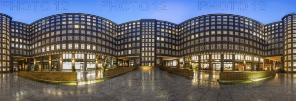 360 degree panoramic view of the Sprinkenhof courtyard at the blue hour, Hamburg, Germany
