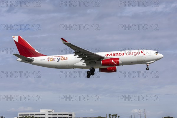 An Avianca Cargo Airbus A330-200F aircraft with license plate N338QT at Miami airport, USA