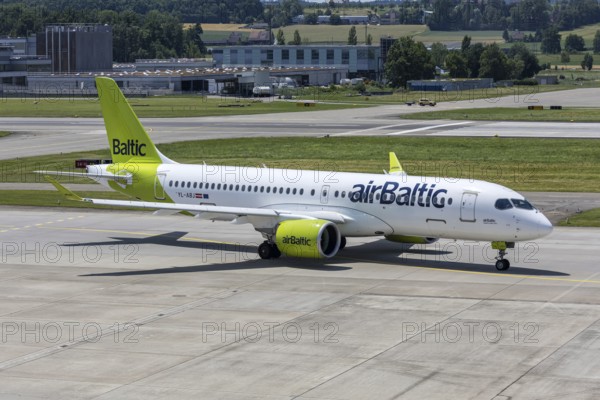 An Airbus A220-300 Air Baltic aircraft with the license plate YL-ABJ at Zurich Airport, Switzerland