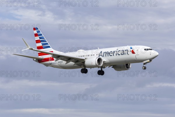 An American Airlines Boeing 737-8 MAX aircraft with license plate N308UK at Miami airport, USA