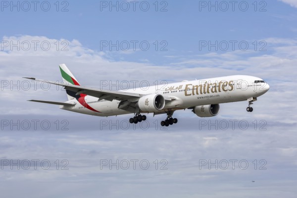 An Emirates Boeing 777-300ER aircraft with the license plate A6-EQD at Miami airport, USA