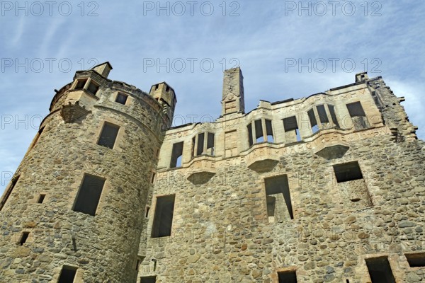 Stone castle ruins with old towers and windows under a clear blue sky, Huntly Aberdeenshire, Scotland, Great Britain