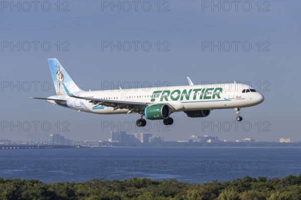 An Airbus A321neo Frontier Airlines aircraft with license plate N655FR at Tampa airport, USA