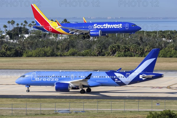 Airbus and Boeing aircraft operated by Breeze Airways Airbus and Southwest Airlines at Tampa Airport, USA