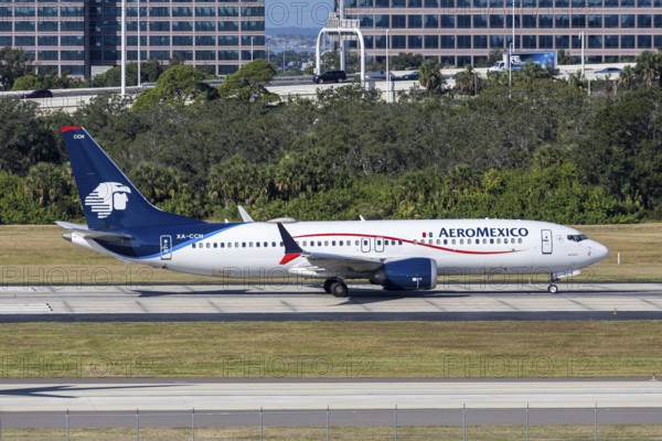 An AeroMexico Boeing 737 MAX 8 aircraft with the license plate XA-CCN at Tampa airport, USA