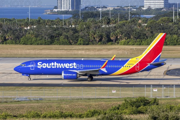 A Southwest Airlines Boeing 737 MAX 8 aircraft with the license plate N8905Q at Tampa airport, USA