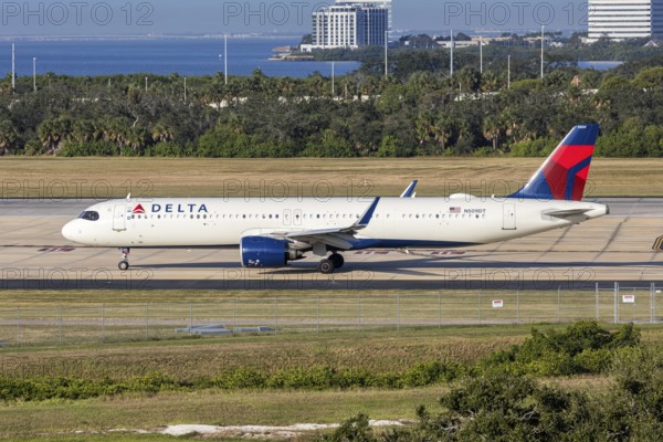 An Airbus A321neo Delta Air Lines aircraft with the license plate N509DT at Tampa airport, USA