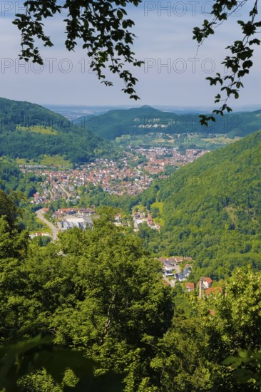 View of Lichtenstein Castle, view of the Echaz Valley and Lichtenstein-Unterhausen, Albtrauf, houses, trees, bushes, mountains, Honau, Municipality of Lichtenstein, Swabian Jura, Baden-Württemberg, Germany