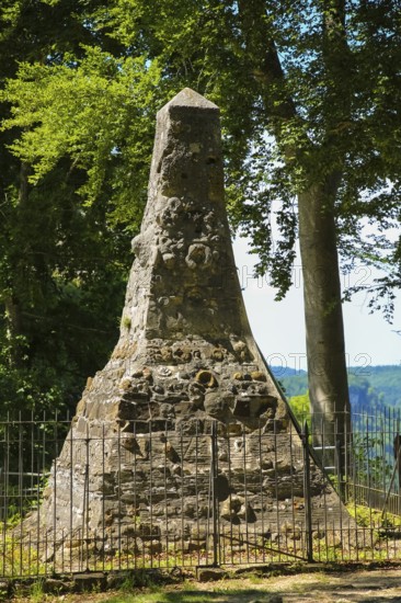Rock obelisk near Lichtenstein, fence, geological past, display object, rocks from the Swabian Jura, Honau, municipality of Lichtenstein, Baden-Württemberg, Germany