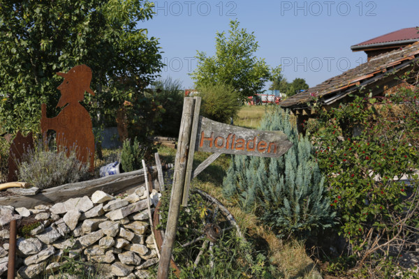 Farm shop sign, metal figure, rust, steel, Fauser shepherd, landscape management, Pfronstetten, Swabian Alb, Baden-Württemberg, Germany