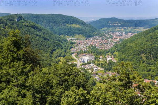 View of Lichtenstein Castle, view of the Echaz Valley and Lichtenstein-Unterhausen, Albtrauf, houses, trees, bushes, mountains, Honau, Municipality of Lichtenstein, Swabian Jura, Baden-Württemberg, Germany