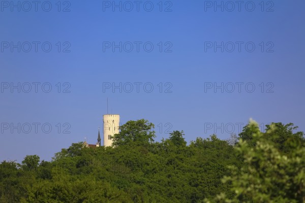 Lime kiln near the fog cave, Lichtenstein Castle tower, Württemberg fairytale castle, romantic fairytale castle on the eaves of the Swabian Jura, bushes, hills, landscape, Swabian Jura, municipality of Lichtenstein, district of Reutlingen, Baden-Württemberg