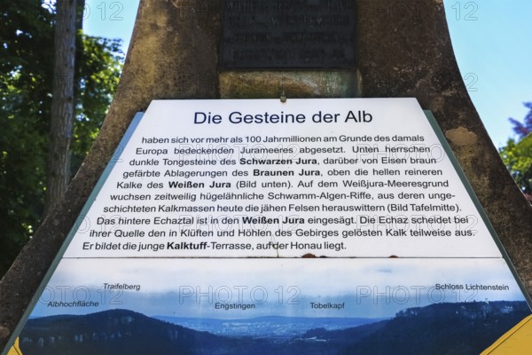 Information board at the rock obelisk, description of geological past, rocks of the Swabian Jura, Honau, municipality of Lichtenstein, Baden-Württemberg, Germany