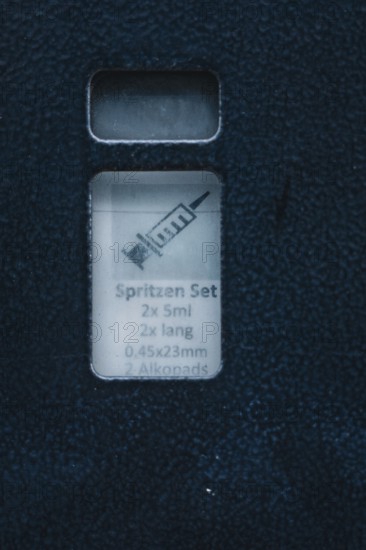 Close-up of a single set of syringes in blue packaging