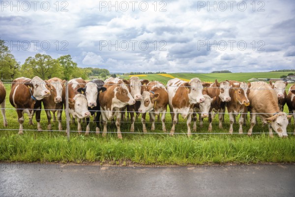 Herd of cows behind a fence on a green field, cloudy sky. Rural panorama