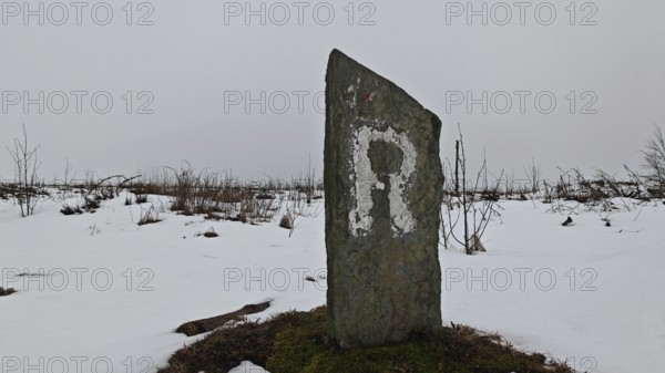 Snowy landscape with an old marker of the Rennsteig hiking trail with the letter R on it, Rennsteig, Thuringia nature park Park
