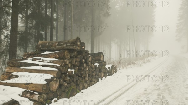 Stacks of wood next to a snowy path in a foggy forest, mystical, quiet atmosphere, Rennsteig, Thuringia nature park Park