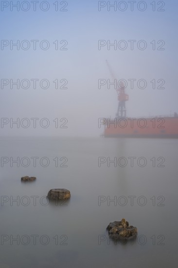 View of old weathered wooden pegs on a dry dock at the port of America on which a crane stands in fog, Cuxhaven, Lower Saxony, Germany