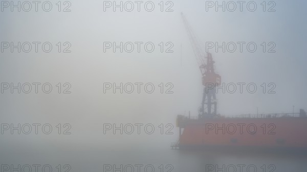View of a dry dock at the port of America with a crane standing in fog, Cuxhaven, Lower Saxony, Germany
