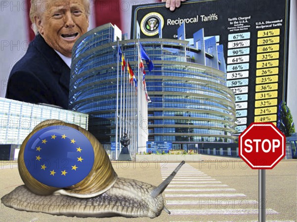 Symbolic image, Trump with world tariff table, snail Europe and EU crawling, EU Parliament, Venezuela, US dominance to Canada, Greenland, Denmark, Poland, Cuba, France, NATO, threat of occupation, US democracy in danger, EU and Germany under political pressure, industry, Donald Trump, customs threats, Elon Musk, Mark Zuckerberg, social networks, fake news, rights broken, hate, hate, DSG digital Services Act, re-election, USA, politics, announcements, vendetta, willed dictator, republican, US electoral system, global threat, lies, 2nd term, global Burden, Ukrainian War, Storm White House, Laws and Courts suspended