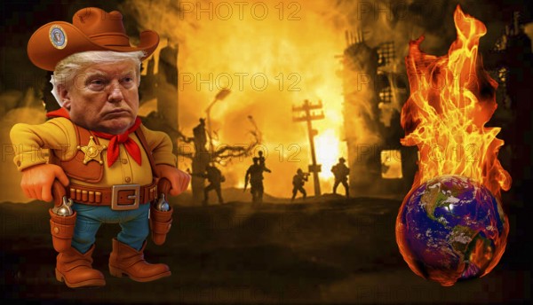 Symbolic image, Trump as world sheriff, determined over the world and USA, war ending, deportation furor, Russia, Ukraine war, Chasos king, climate change and nature is fake news, Bitcoin king, kleptocracy, price development, Bitcoin questionable due to extreme energy demand, stock exchange prices, uncertain digital currency, resources, energy, industry, economy critical, stock market hype, stock market crash, payment, insolvency, bad decisions, maximum profit, slump in profits, share prices, location Germany, global economy, globalization, environmental protection, mafia, Trump government, bitcoin rally, cryptocurrency, electronic wallet wallet, crypto reserve, stock exchange trading, gold replacement currency