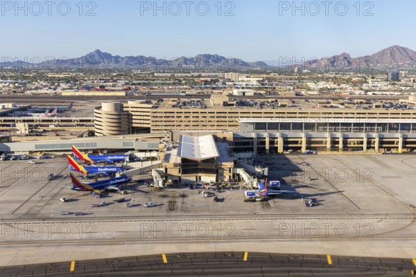 Aerial view of Southwest Airlines Boeing 737 aircraft at Phoenix airport, United States
