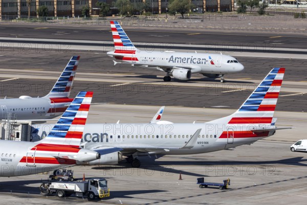 Boeing and Airbus American Airlines aircraft with license plate N742PS at Phoenix airport, USA