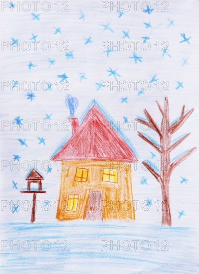 Naive illustration, winter, snowfall with snowy house