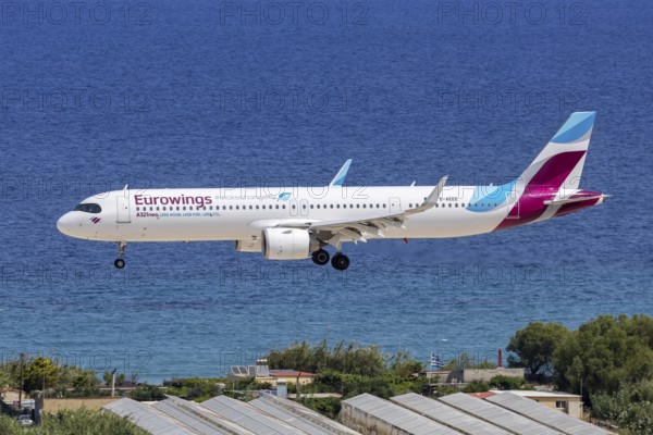 A Eurowings Airbus A321neo aircraft with the D-AEEE license plate at Rhodes airport, Greece