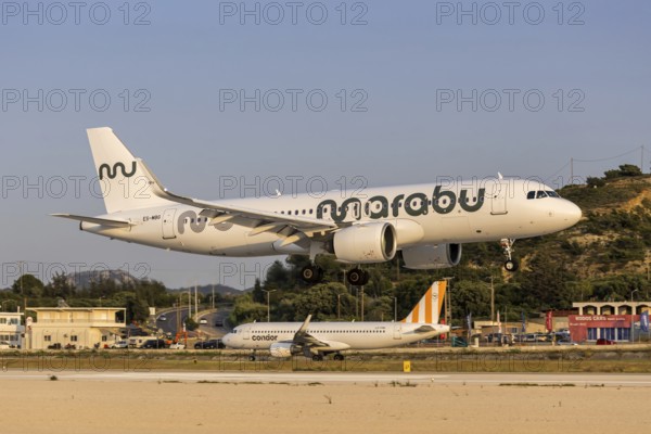 A Marabou Stork Airlines Airbus A320neo aircraft with the license plate ES-MBG at Rhodes airport, Greece