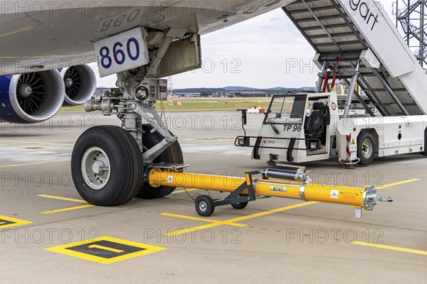 Tow bar on an Atlas Air Boeing 747-8F aircraft with the license plate N860GT at the airport in Stuttgart, Germany