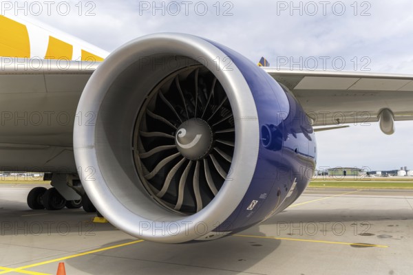 General Electric GenX engine on an Atlas Air Boeing 747-8F aircraft with the license plate N860GT at the airport in Stuttgart, Germany