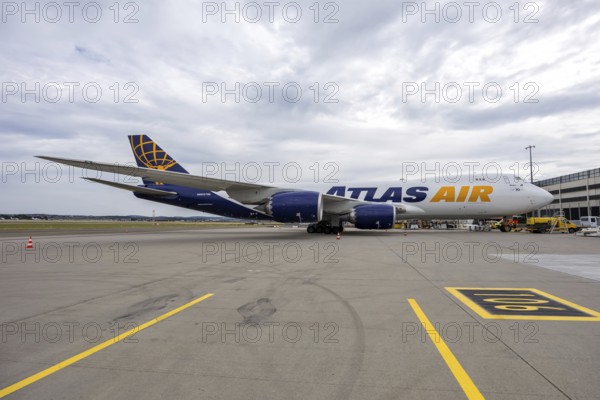 An Atlas Air Boeing 747-8F aircraft with the license plate N860GT at the airport in Stuttgart, Germany