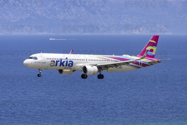 An Arkia Israeli Airlines Airbus A321LR aircraft with the 4X-AGH license plate at Rhodes airport, Greece