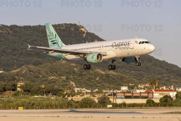 A Cyprus Airways Airbus A320 aircraft with the license plate 5B-DDQ at Rhodes airport, Greece