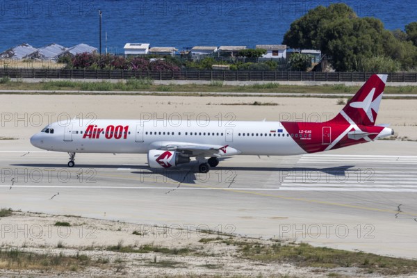 An Air 001 Electra Airways Airbus A321 aircraft with the LZ-EAG license plate at Rhodes airport, Greece