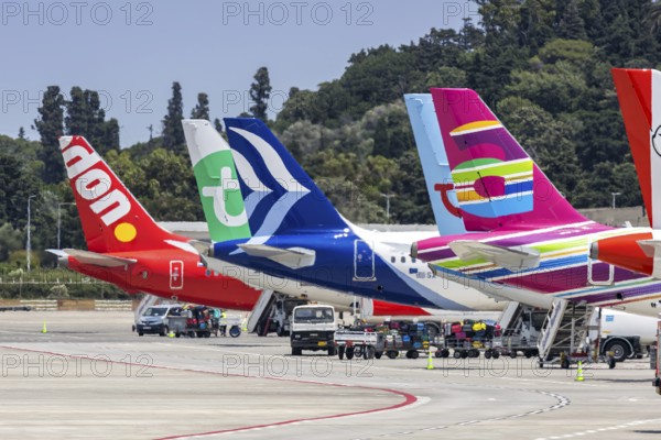 Airplanes tail units at Rhodes airport, Greece