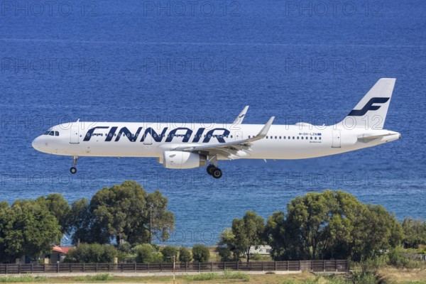 A Finnair Airbus A321 aircraft with the OH-LZN license plate at Rhodes airport, Greece