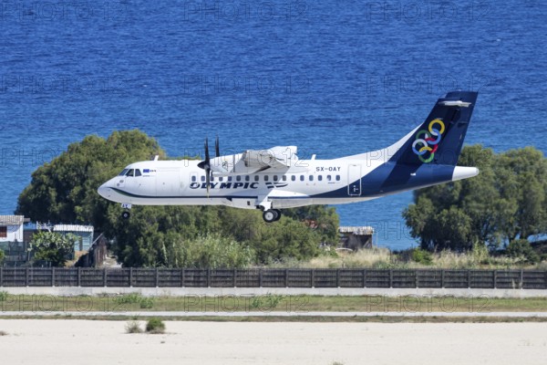 An Olympic Air ATR 42-600 aircraft with the license plate SX-OAY at Rhodes airport, Greece
