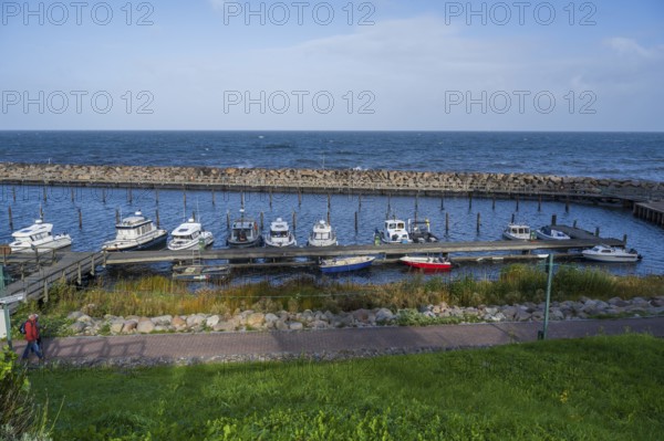 Motorboats in the harbor, view from above, Hankenufer, Lohme, Jasmund, Rügen, island, Baltic Sea, Mecklenburg-Western Pomerania, Germany