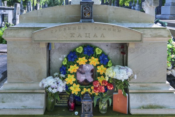 Grave decorated with artificial flowers, Lützenhofer cemetery Lychakivskiy cemetery, Lviv, Galicia, Ukraine