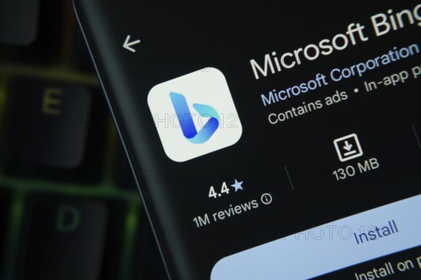 Dhaka, Bangladesh- 27 July 2025: Microsoft Bing app from Google Playstore is displayed on a smartphone screen