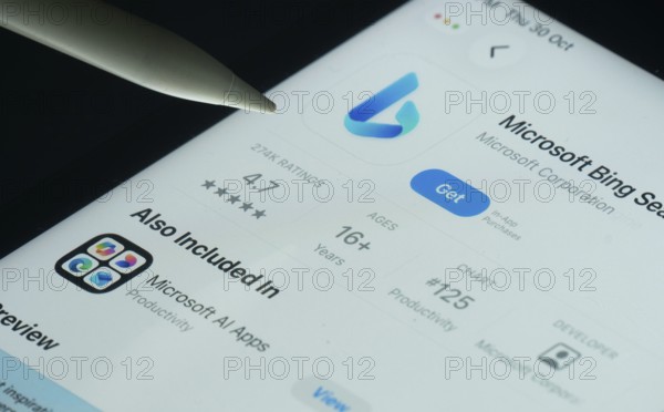 Dhaka, Bangladesh- 30 Oct 2025: Microsoft Bing app on a iPad screen with a pen pointing at the install option