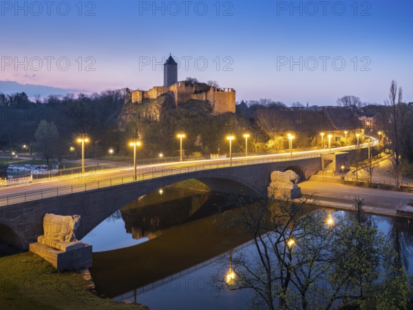 Ruins of Giebichenstein Castle and Giebichenstein Bridge over the Saale River at Dawn, Halle an der Saale, Saxony-Anhalt, Germany