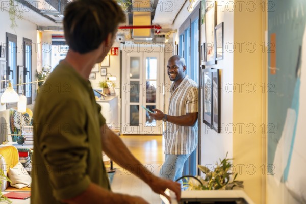 Two diverse male colleagues having a conversation in a modern coworking space, connecting and communicating during a casual work break, fostering a friendly office atmosphere