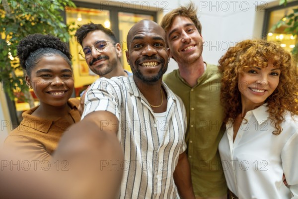 Group of happy multiracial business colleagues, including men and women, posing for a cheerful selfie while enjoying a relaxed break during their collaborative workday in a modern office