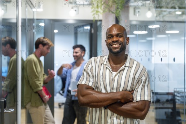 Smiling black businessman posing with arms crossed while diverse casual colleagues are communicating in the background of a modern glass office or coworking space during a break