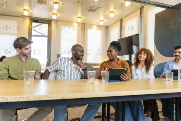 Diverse group of business colleagues sitting at a table during a break or meeting, discussing work and sharing ideas in a modern coworking office environment